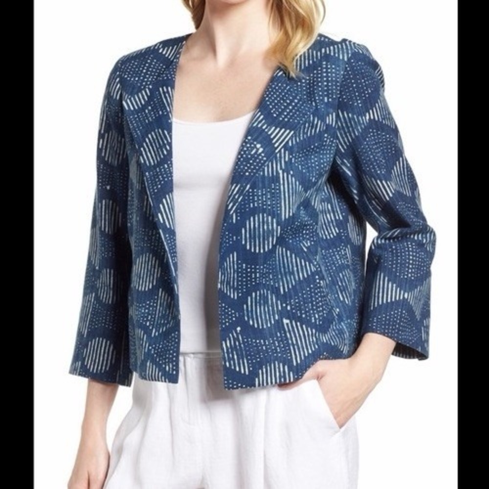 Eileen Fisher Womens L Hand Printed Organic Cotton Indigo Open Blazer Crop Prep